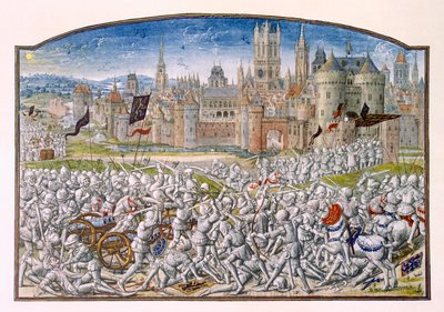T.2 fol.287 Vitória dos habitantes de Ghent liderados por Philipp van Artevelde antes de Bruges em 1381, de Froissarts Chronicle, 1472 de French School
