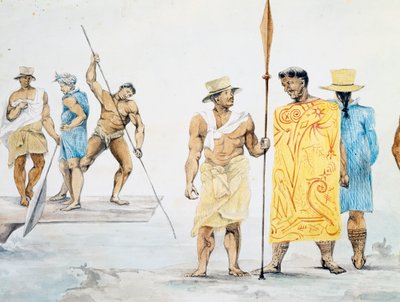Os chefes taitianos embarcam em Coquille, design de Jules-Louis Lejeune, baseado na Voyage around world de French School