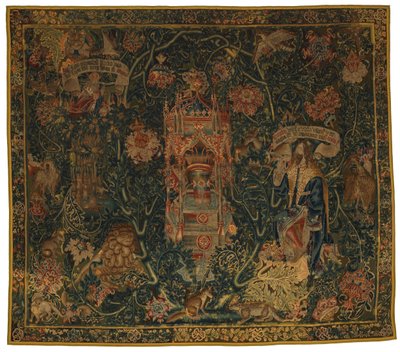 Tapeçaria, Deus Pai Aparecendo a Moisés (uma do conjunto de seis Sibilas compreendendo 46.134 a 46.139) chamada "Tapeçarias Rothamsted", feita em Flandres, Tournei, ou Bruxelas, Bélgica, c.1530 (lã) de French School