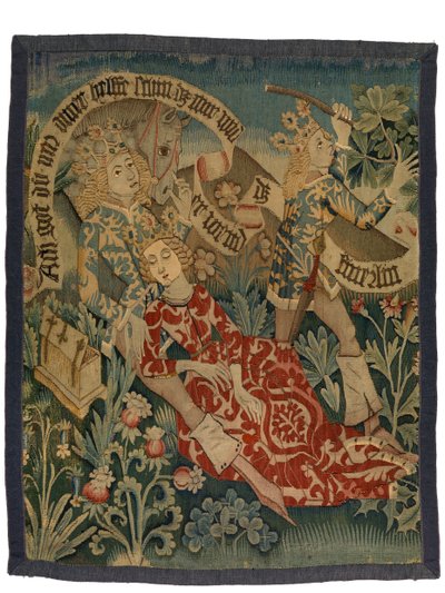 Tapeçaria representando duas cenas de Der Busant "O abutre", da Alsácia, c.1475-1500 (lã, seda e fios metálicos) de French School