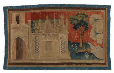 Fragmento de tapeçaria representando uma igreja gótica numa paisagem, do Apocalipse de Angers de French School
