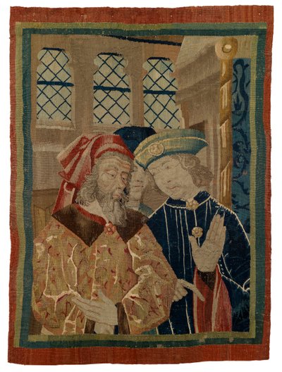 Fragmento de tapeçaria representando três figuras de French School