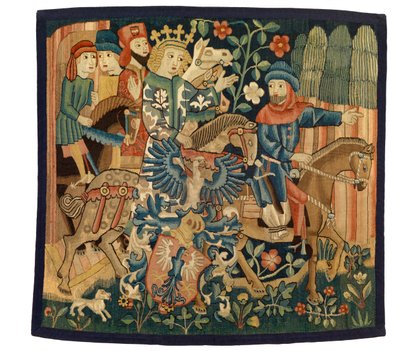 Tapeçaria com A Rainha de França e o Marechal Desleal, ilustrando o poema em alto alemão médio "Die Konigin von Frankreich..... Marshall", possivelmente de Estrasburgo, c.1495-1500 (lã e linho) de French School