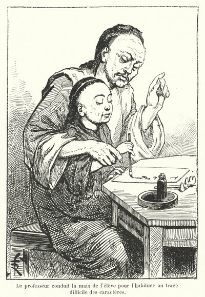 Professor a orientar a mão de um aluno que aprende a escrever caracteres chineses (gravura) de French School