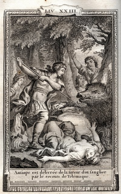Telemaque delivre Antiope de um javali - gravura de 1798 por Monnet em "Les Aventures de Telemaque, fils d