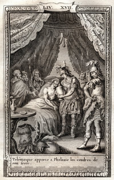Telemaque cuida das feridas de Phalante e traz-lhe as cinzas do irmão - gravura de 1798 depois de Monnet em "Les Aventures de Telemaque, fils d