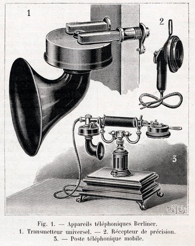 Aparelho telefônico - Sistema Berliner - gravura em "La nature" a partir de 1902 de French School