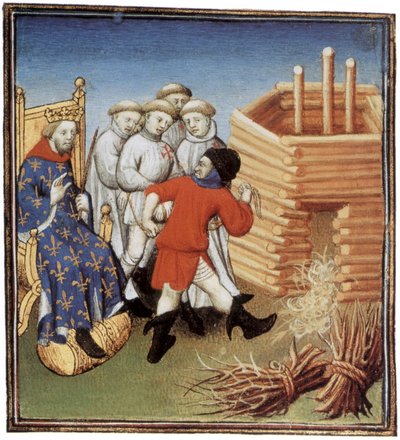 Os templários vão ser executados sob o olhar do rei francês Philippe IV le Bel em 1310, iluminação de French School