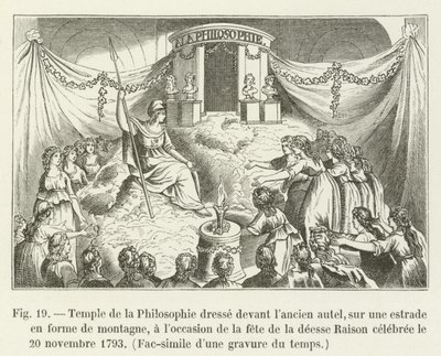 Templo da Filosofia dresse devant lancien autel, o sul é uma estrada de montanha, por ocasião da celebração da deidade de Raison celebrada em 20 de novembro de 1793, fac-símile duna gravure du temps (e de French School
