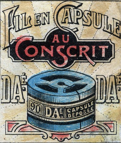 Têxtil, linho. Cápsula para usar os fios de costura Dae. Gravação. Imagem epinal do final do século XIX. de French School