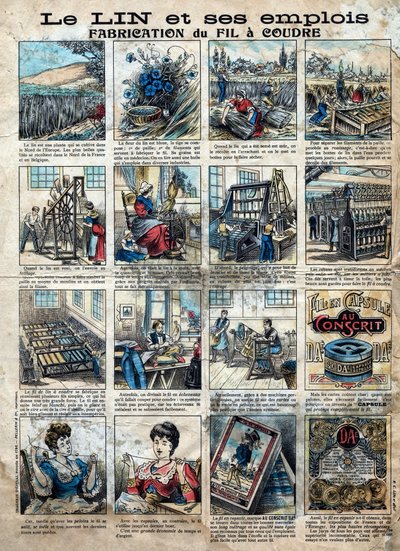 Têxtil, linho. As etapas de costura, fabricação, uso e comercialização do linho para fazer linhas de costura. A gravura. Imagens epinais do final do século XIX. de French School