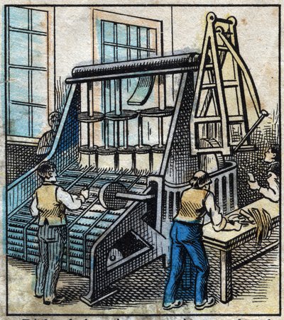 Têxtil, linho: a oficina. Pentear para retirar e alisar o fio de linho que será transformado pelo desenho em fitas cada vez mais finas. Gravura. Imagem epinal do final do século XIX. de French School