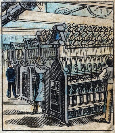 Têxtil, linho: a oficina. Transformar as fitas em brocas e depois em fios usando metiers giratórios. Gravação. Imagem epinal do final do século XIX. de French School