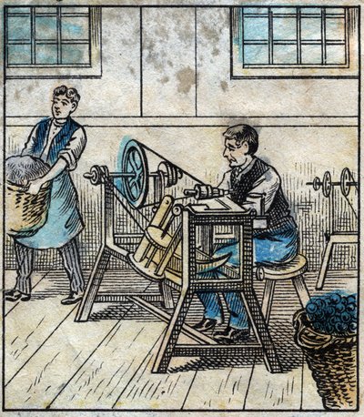 Têxtil, linho: oficina. A linha de costura é colocada em cartões ou rolos em uma bola. Gravura. Imagem epinal do final do século XIX. de French School