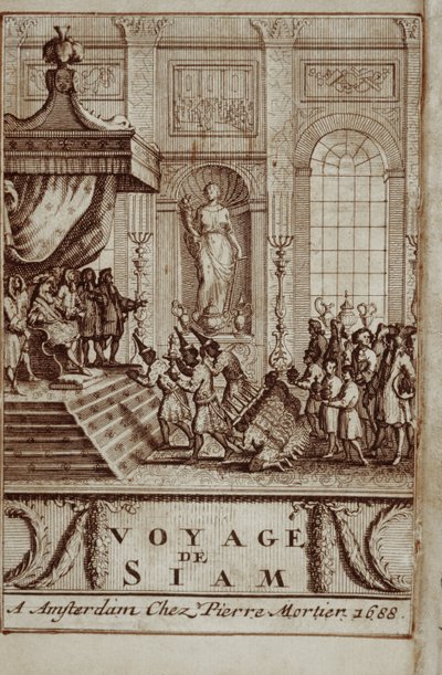 Embaixadores tailandeses receberam em Paris por Louis XIV, frontispício de Journey to Siam por Guy Tachard, 1688 de French School