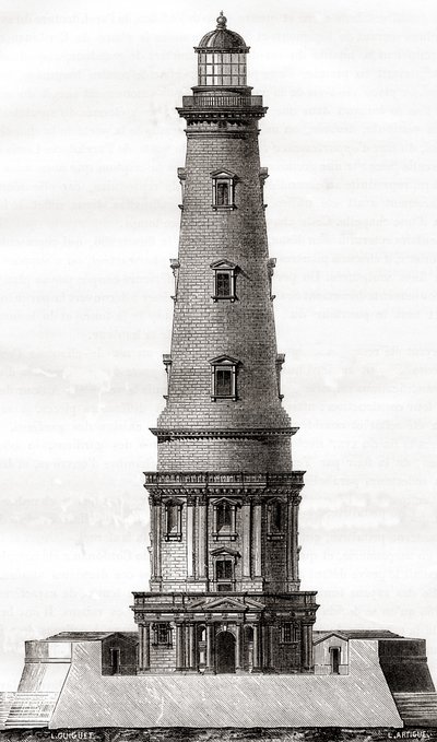 O farol Cordouan do século XVII, perto da foz do estuário da Gironda, em França, visto aqui após a sua extensão no século XVIII, de Les Merveilles de la Science, publicado c.1870 (gravura) de French School