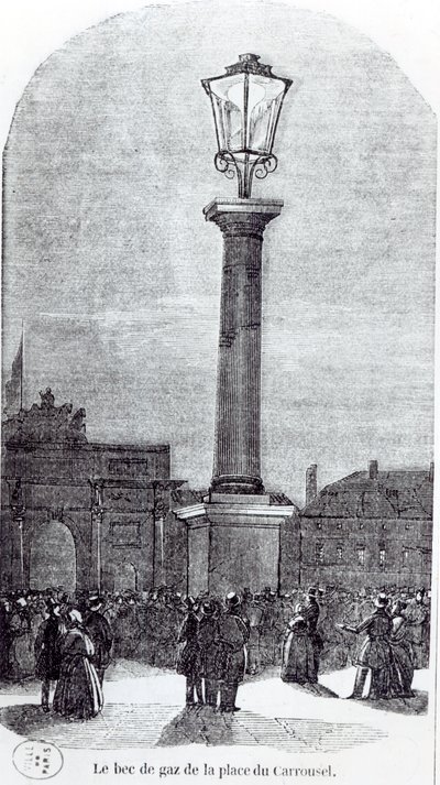 O 1º Gaslamp em Paris na Place du Carrousel em 1818 de French School