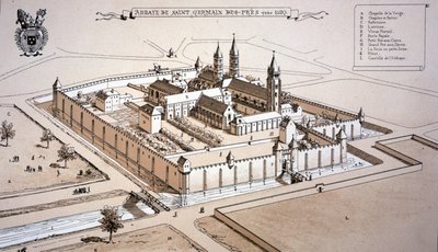 A Abadia de Saint-Germain-des-Prés em c.1520 (gravura a cores) de French School