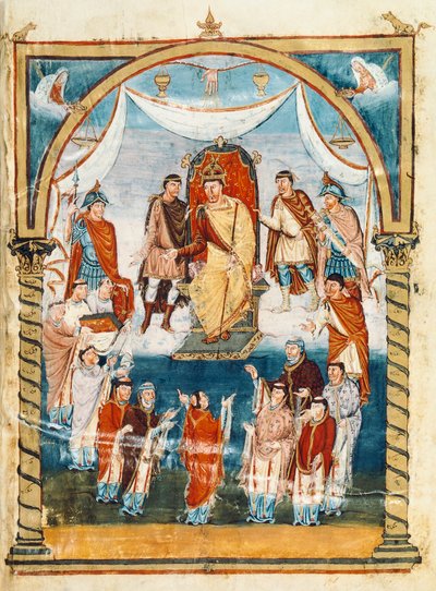 O Abade Vivian rodeado por monges de São Martinho de Tours apresentando o livro a Carlos II o Careca, século IX (miniatura) de French School