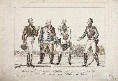 Os soberanos aliados em Paris, 1815, Alexandre I, imperador da Rússia, Luís XVIII, rei da França, Francisco I, imperador da Áustria e Frederico Guilherme III, rei da Prússia, publicado por Martinet, 1815 de French School