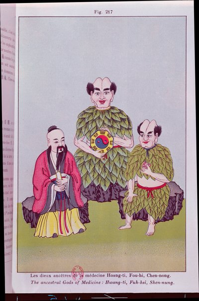 Os deuses ancestrais da medicina: Hwang-ti, Fuh-hsi segurando o Tai-ki, Shen-nung provando uma planta medicinal, ilustração depois de populares imagens chinesas (gravura de cor) de French School
