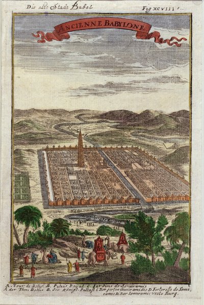 A antiga cidade de Babel, ilustração da descrição de lUnivers por Allain Manesson Mallet (1630-1706) publicou Paris, 1683 de French School