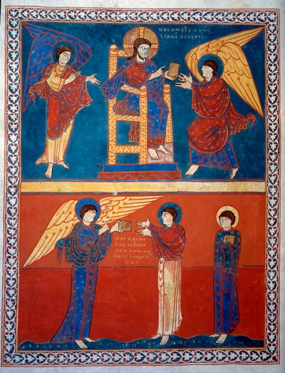 O Anjo recebeu o livro do Senhor e entregou-o a São João Miniatura dos comentários de "O Apocalipse segundo São João" escritos em 775 pelo monge Beato de Liebana de French School