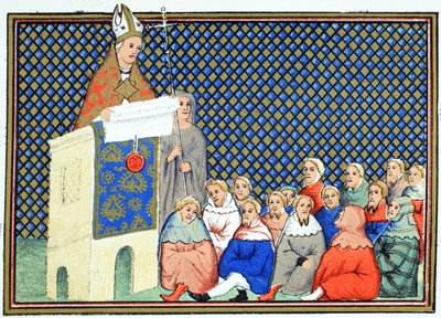 O arcebispo de Canterbury pregando à nobreza inglesa contra Ricardo II, cópia fac-símile de Le Prinse et Mort du Roy Richart de Jean Creton, reimpresso do século XIX de French School