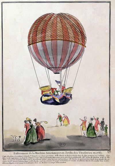 A subida do Aerostat no Jardin des Tuileries, 1 de dezembro de 1783 (caneta e tinta e wc no papel) de French School