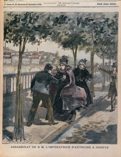 O Assassinato de Isabel (1837-1898) Imperatriz da Áustria em Genebra, capa de LAnnee Illustree, 25 de setembro de 1898 (gravura colorida) de French School