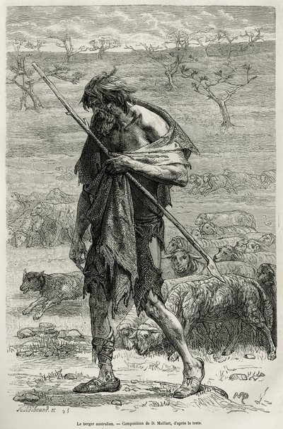 O pastor australiano, gravado após um desenho de D.Maillart, para ilustrar a história seis meses na Austrália, por Desire Charnay, uma missão do Ministério da Educação Pública, em 1878, publicada no tour du monde, sob a direção de E de French School