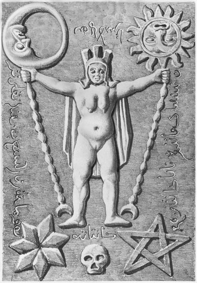 O Baphomet dos Templários, cópia de um caixão de pedra encontrado em Essarois (Borgonha) de French School