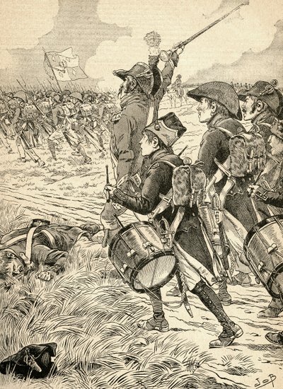 A Batalha de Marengo, Itália em 1800, lutou entre as forças francesas sob o comando de Napoleão Bonaparte e os austríacos. Da Agenda Buvard du Bon Marche publicada em 1917. de French School