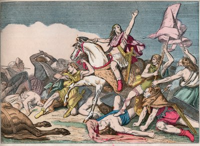 A Batalha de Tolbiac, vitória de Clovis (466-511) sobre os Alamans (496) - Clovis I (466-511) na Batalha de Tolbiac, 496 d.C. - Gravação do final do século XIX em "Nos Gires Nationales - Images et recits" de French School