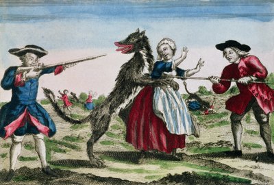 A Besta de Gevaudan, publicada por Basset, 1764 (gravura a cores) de French School