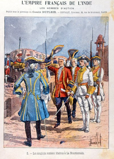Os britânicos entregam Madras ao comandante francês Mahe de la Bourdonnais em 21 de setembro de 1746, capa do livro de exercícios da escola, c.1900 de French School