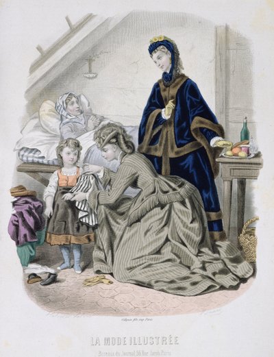 A visita de caridade, ilustração de La Mode Illustree, c.1870 (gravura a cores) de French School