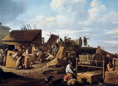 A Construção do Hotel de Salmão, Paris (detalhe), em 1786 (óleo sobre tela) de French School