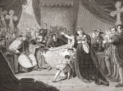 O Tribunal para o Julgamento da Rainha Katharine por George Henry Harlow, representando a Sra. Siddons como Rainha Katharine no Henrique VIII de Shakespeare. De Histoire des Peintres, École Anglaise, publicado em 1867 (litho) de French School