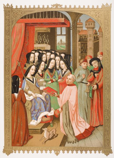 O corte de Maria de Anjou (1404-63) fac-símile de uma miniatura de &39;Doze Perigos do Inferno&39;, de &39;Le Moyen Age et La Renaissance&39;, de Paul Lacroix (1806-84), publicado em 1847 de French School