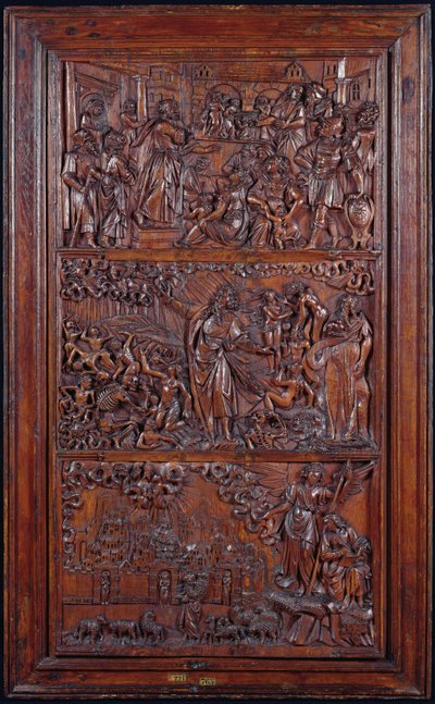 O Credo, Painel IV: A Remissão de Pecados, Ezequiel Visão dos Ossos Secos e Visão de São João de Jerusalém, 1587 (madeira) (ver também 414036-8) de French School