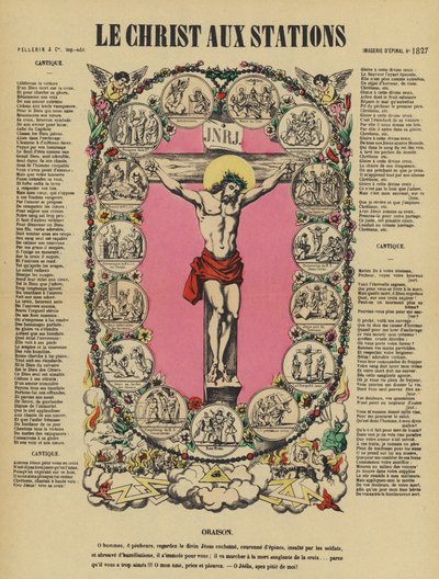 A Crucificação de Jesus e a Via Sacra (litografia a cores) de French School