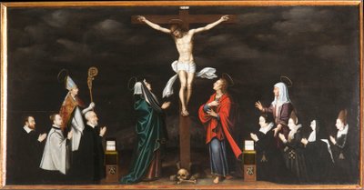 A Crucificação, retratos de doadores. Tríptico de Aubery de French School