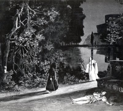 A morte de Pelleas, ato IV, cena 4 de Pelleas et Melisande por Debussy, de uma fotografia da primeira produção em abril de 1902 da ópera na Ópera-Comique em Paris, ilustração no teatro m de French School