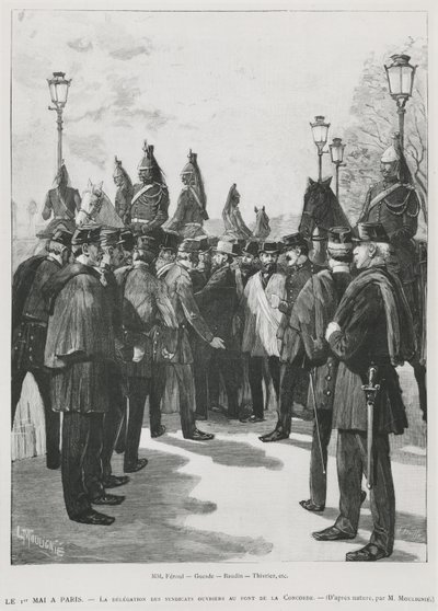 A Delegação dos Sindicatos em Pont de la Concorde durante a manifestação de 1º de maio em Paris, em 1º de maio de 1890, gravada por L. Moulignie, rengraving) de French School