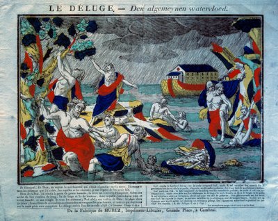 O Dilúvio, a Arca do Noé na Gravura à direita do século XIX. Paris, Museu de Artes e Tradições Populares de French School