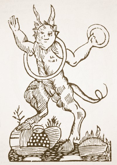O diabo apontando tesouros escondidos, cópia de uma ilustração de Le Veritable Dragon Rouge, Lille 1521, usado em uma história da magia, publicado no final do século XIX de French School