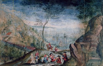 O desembarque de 50 soldados do regimento suíço Karrer em Louisbourg na ilha de Cap-Breton entre 1722-33 (wc no papel) de French School