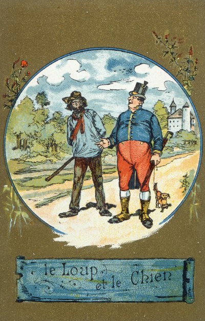 O cão e o lobo, de fábulas por Jean de La Fontaine (1621-95) de French School