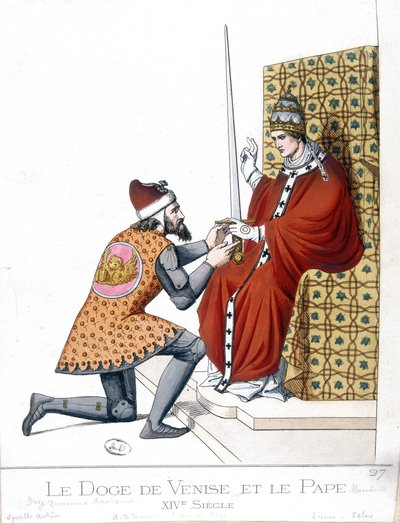 O Doge de Veneza e o Papa no século XIV - gravura de French School